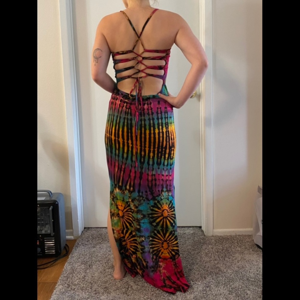 Tie-Dye Maxi Dress with Lace-Up Open Back